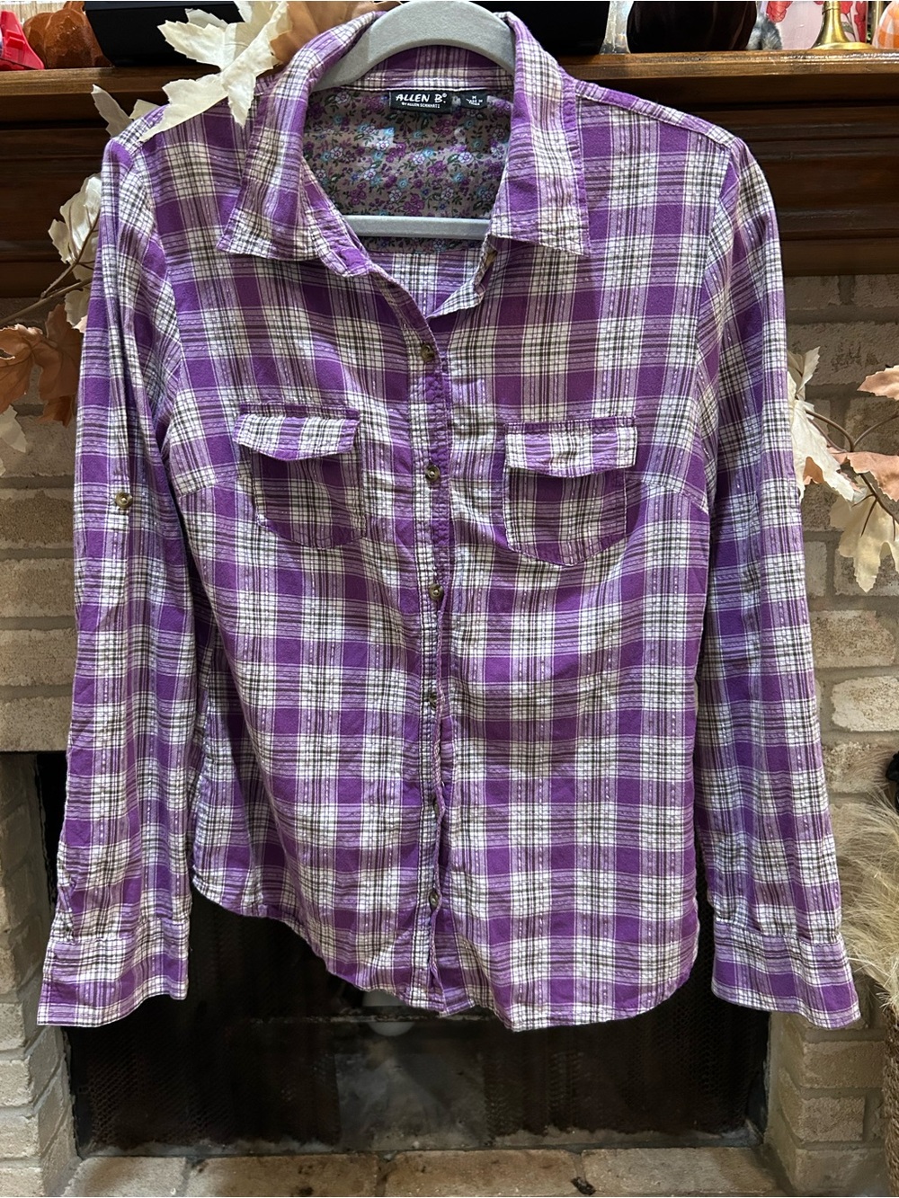 Allen B. By Allen Schwartz Purple and White Plaid Button-Front Shirt EUC